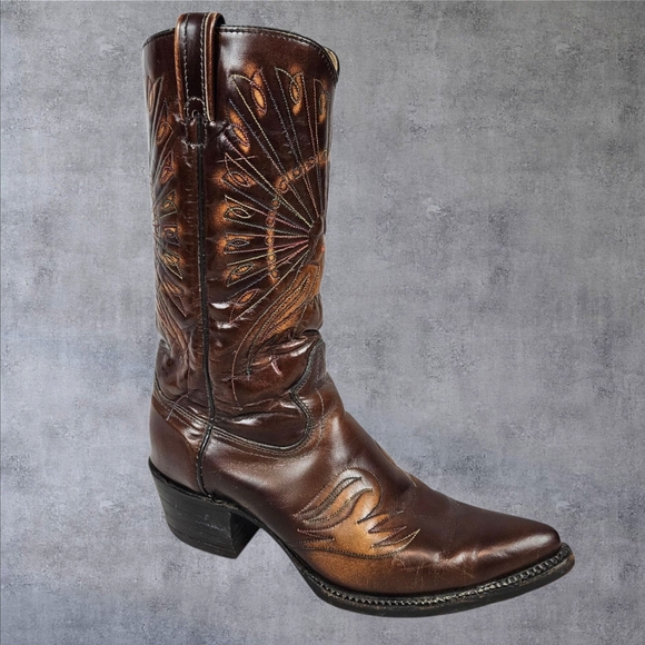 Vintage Texas Brown Leather Cowboy‎ Boots Rainbow Peacock Size 8.5 Women's